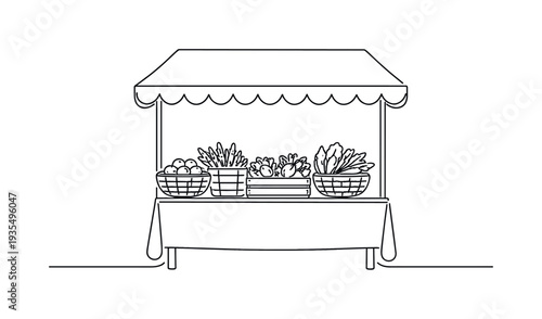 "Farmer Market Stand". Minimalistic one-line drawing simple outdoor market stand with canopy roof and baskets