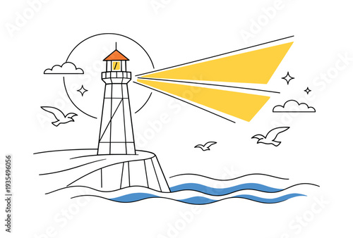 Lighthouse by the sea. A tall geometric lighthouse standing on a smooth cliff, bold light beams radiating