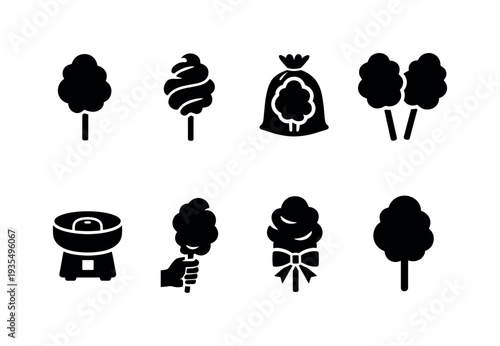 Cotton Candy. Filled icon set of Cotton Candy: cotton candy on stick, cotton candy swirl, cotton candy bag,