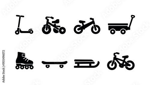 Solid black transportation icon set with bike and scooter.