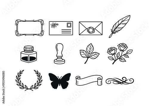 Vintage Floral Ephemera Icons. vintage floral ephemera. Line outline icon set of vintage floral ephemera: