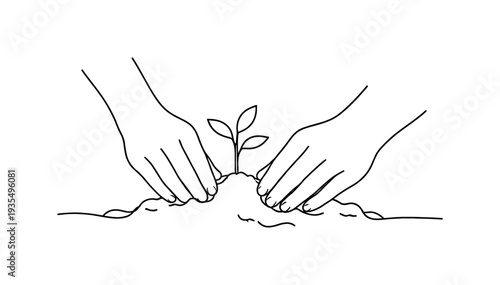 "Hands Planting Seedling". Minimalistic one-line drawing close-up of two hands gently placing small plant into