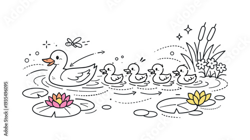 Spring Pond Family Scene. A mother duck leading her ducklings past rounded lily pads and blooming flowers