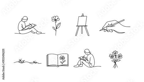 Home and gardening outline icon set featuring watering tools and decorative plants