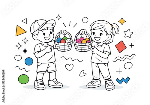 Community event scene. Two kids comparing their egg hunt baskets, smiling proudly at their colorful finds.