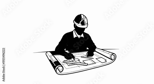 Person in hard hat reviewing blueprints and using a ruler