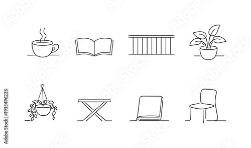 Minimal home and workspace outline icon set including laptop, chair and interior accessories