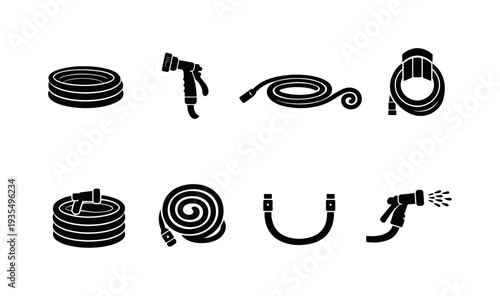 Garden Hose Icon Set. Garden hose line art set. Filled icon set of Garden hose line art set: hose in oval coil