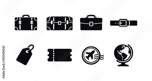 Travel and transport silhouette icon collection including airplane, bus and navigation themed elements
