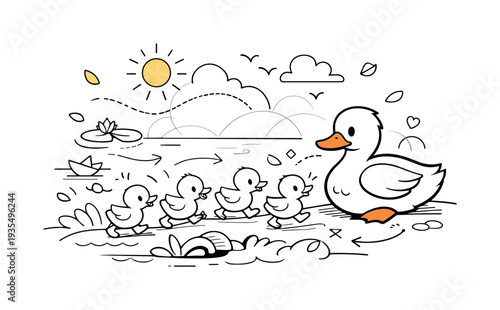 Ducklings by Pond. Mother Duck and Ducklings. A heartwarming pond setting with ducklings waddling at the water