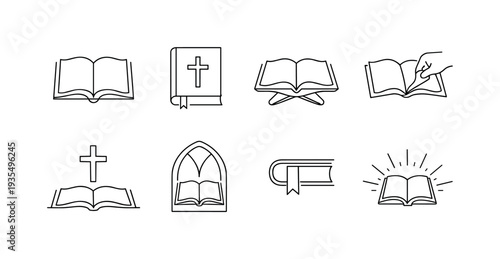 "Sacred Scripture Icons". Minimalistic set one-line drawing open Bible front view, closed Gospel with cross on