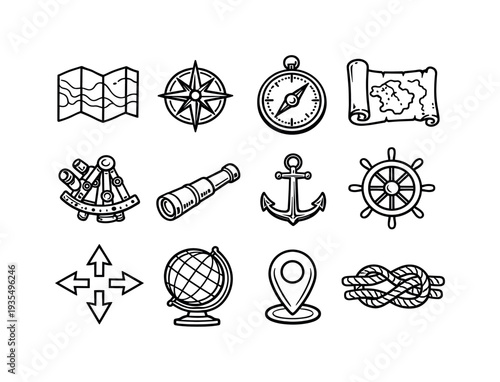 Nautical travel and exploration outline icon set featuring compass, anchor, ship wheel and marine themed symbols