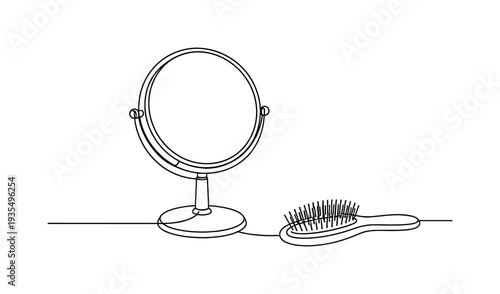 "Vanity Mirror and Brush". Minimalistic one-line drawing tabletop mirror beside simple hairbrush in balanced