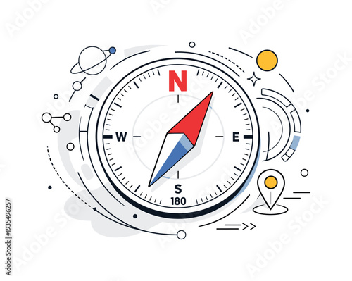 Detailed compass illustration with cardinal directions symbolizing navigation, orientation and travel adventure concept