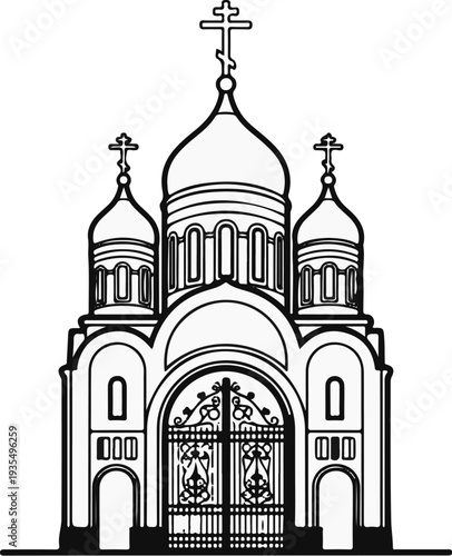 Ornate Russian Orthodox church facade with onion domes and elaborate gate