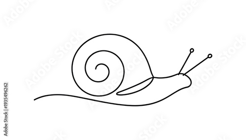 "Snail". Minimalistic one-line drawing small snail with rounded spiral shell and gently extended antennae