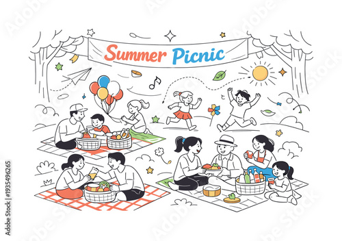 Community Picnic. Families and friends sitting on large picnic blankets in a sunny park, sharing baskets of