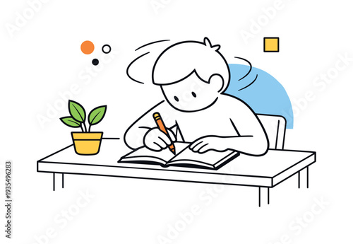 Writing moment. A minimal character sitting at a simple desk, hand actively writing in a geometric notebook,