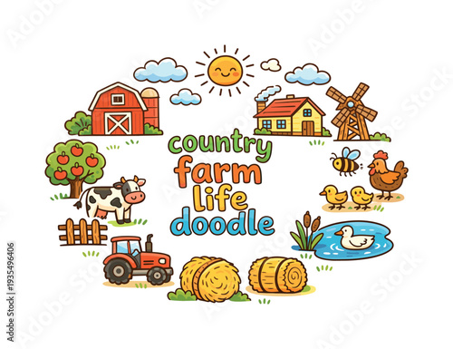 country farm life doodle. Hand drawn illustration of country farm life doodle. barn, farmhouse, pond, duck,