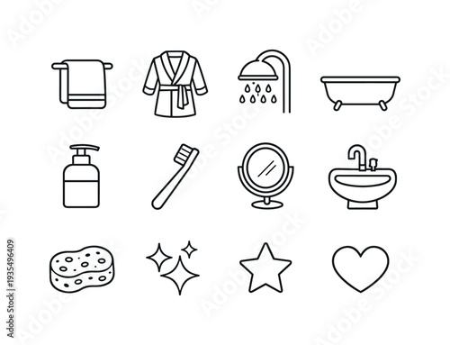 bathroom essentials outline set. Line outline icon set of bathroom essentials outline set: towel, bathrobe,