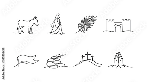 Landscape and faith themed outline illustrations including praying figure, church buildings, river, mountains and natural scenery elements