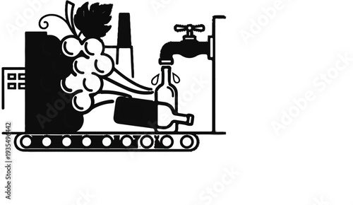 Industrial process of bottling grape liquid on a conveyor belt