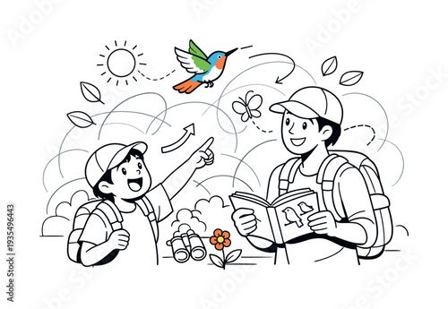 Observing Birds in Bloom. A child pointing excitedly at a colorful bird flying above while a parent smiles