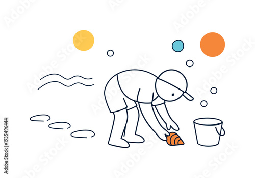 Collecting seashells. A minimal character bending slightly to pick up a simple geometric shell, small bucket