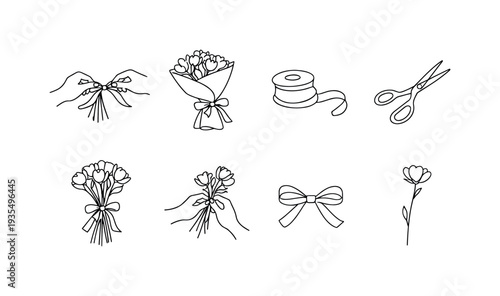 Floral and spring themed outline icon collection with leaves, blossoms and decorative accents