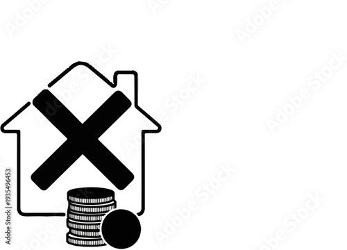 House outline with an X symbol, coins, and a single coin