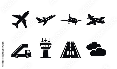 Air Travel Aircraft Pattern. Filled icon set of Air Travel Aircraft Pattern: commercial airplane, private jet,