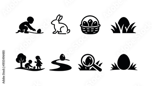 Spring animal silhouette icon collection featuring rabbit, duck and seasonal decorative elements