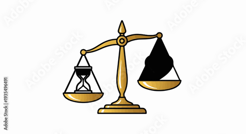 Golden scales weigh an hourglass against a black shape