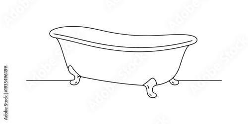"Bathtub". Minimalistic one-line drawing classic freestanding bathtub with smooth curved edges and small claw
