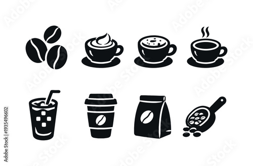 Coffee Beans and Drinks. Filled icon set of Coffee Beans and Drinks: coffee beans, latte cup, cappuccino cup,
