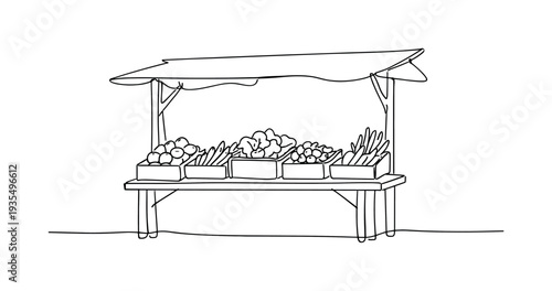 "Harvest Market Stand". Minimalistic one-line drawing rustic wooden stand with seasonal produce arranged in