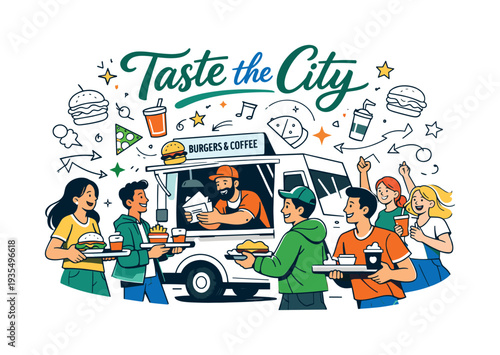 Street Food Celebration. A cheerful crowd gathered around a burger and coffee truck, friends carrying trays