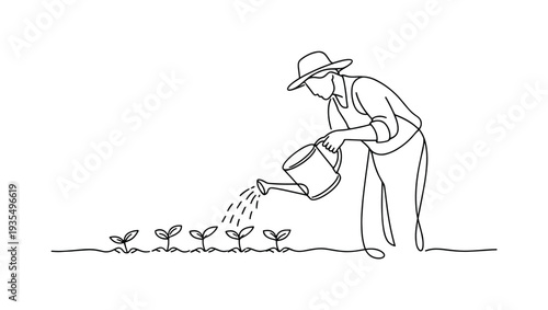 Gardener planting young seedlings in soil illustration representing sustainable agriculture and eco friendly farming