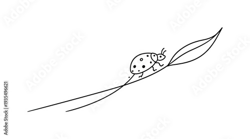 "Garden Ladybug". Minimalistic one-line drawing tiny ladybug crawling along a gently curved leaf stem,