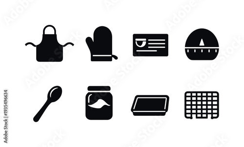 Home Bakery Setup. Filled icon set of Home Bakery Setup: apron, oven mitt, recipe card, kitchen timer, wooden