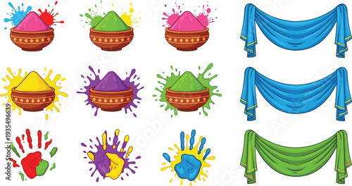 Colorful holi powder and drapes colorful powder vibrant colors fabric