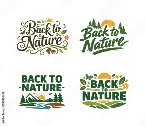 Back to Nature. Set lettering. 4 harmonious lettering variations of the same emblematic concept, each with