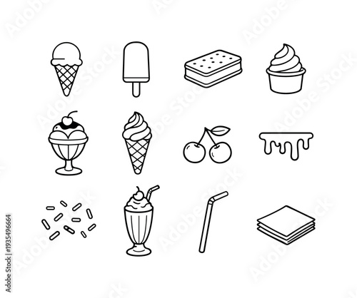 summer ice cream treats outline set. Line outline icon set of summer ice cream treats outline set: ice cream