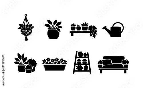 Porch greenery line art set. Filled icon set of Porch greenery line art set: hanging macrame plant, ceramic