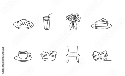 Home cooking and kitchen outline icon collection featuring cookware, cups and tableware elements