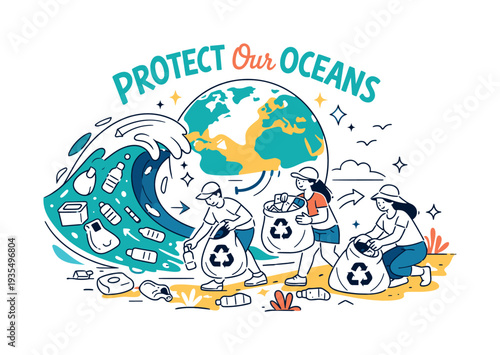 Protect our ocean environmental awareness illustration with marine life and conservation message