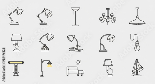 Collection of hand-drawn lighting fixtures and lamps.