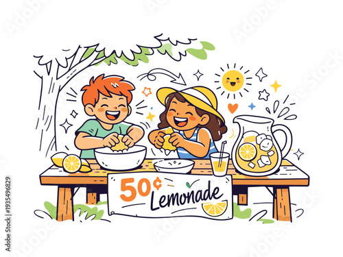Backyard Summer Stand. A small wooden table under a tree with a handwritten sign saying “50¢ Lemonade,” kids