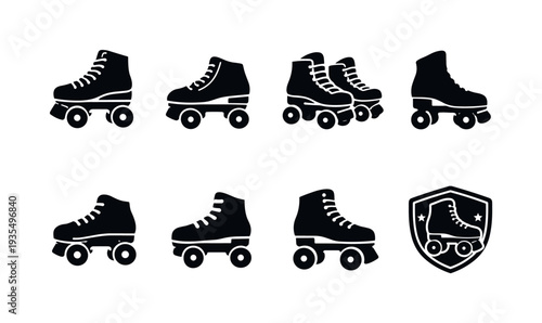 Roller skate silhouette icon collection featuring quad skates and sporty retro design