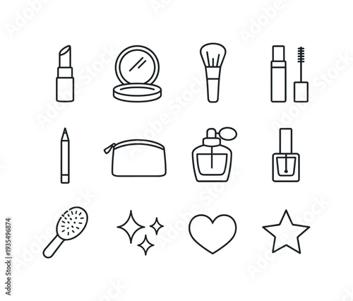 Beauty and cosmetic outline icon collection featuring skincare, makeup and personal care themed elements